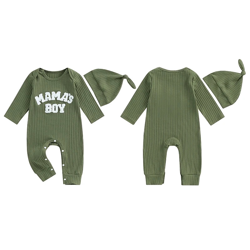 Baby Clothing Boy Bodysuits Letter Embroidered Ribbed Long Sleeve Fall Jumpsuits Hat Outfits Newborn Clothes