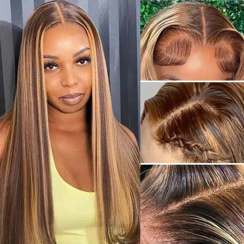 Ombre 4/27 Colored Highlight 13X6 Tansparent Lace Front Straight Wig Peruvian Human Hair Pre Plucked with Baby Hair for Women