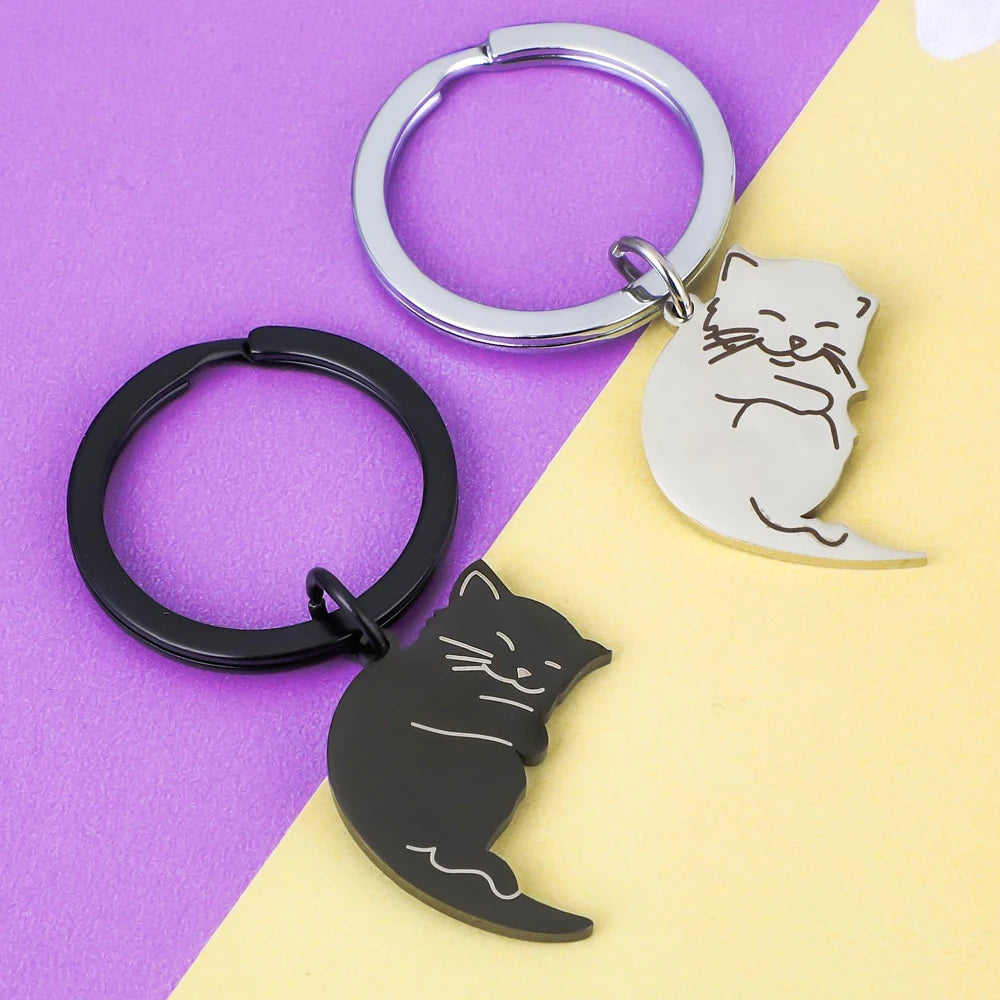 Black Cat Matching Couples Keychain Stainless Steel Puzzle Keyring Valentines Gifts for Boyfriend Girlfriend Wife Husband Friend