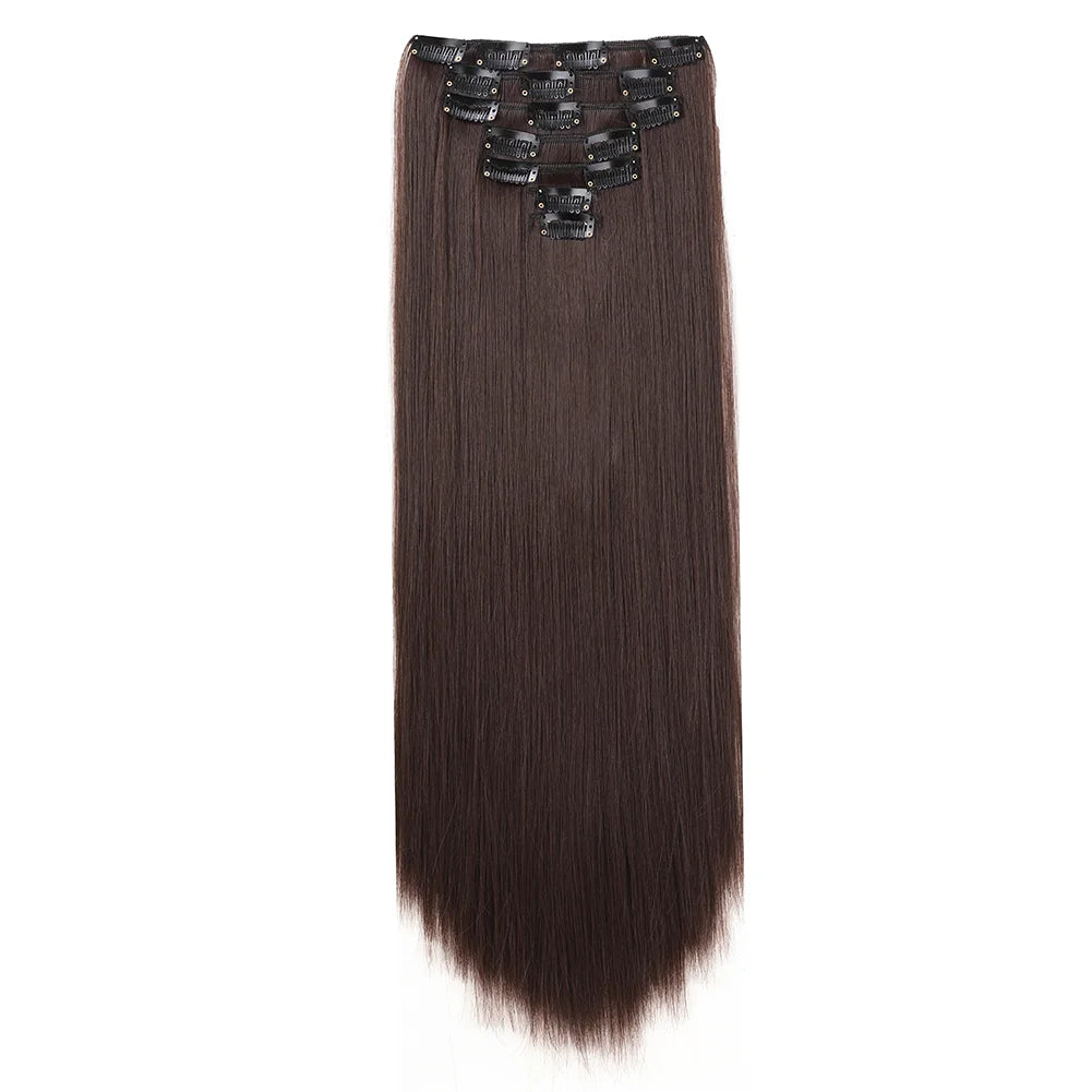 22Inch Long Straight Clip in Hair Extension  Hairstyle 16 Clips 7Pcs/Set   Synthetic  Black Brown Hairpieces  For Wom