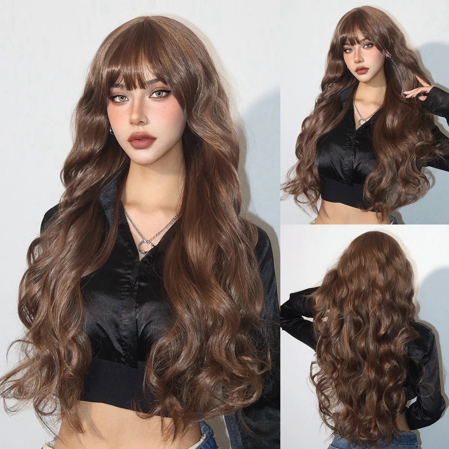 GEMMA Copper Ginger Long Wavy Wig Synthetic Red Brown Wigs with Bangs for Women Natural Hair Cosplay Daily Wig Heat Resistant