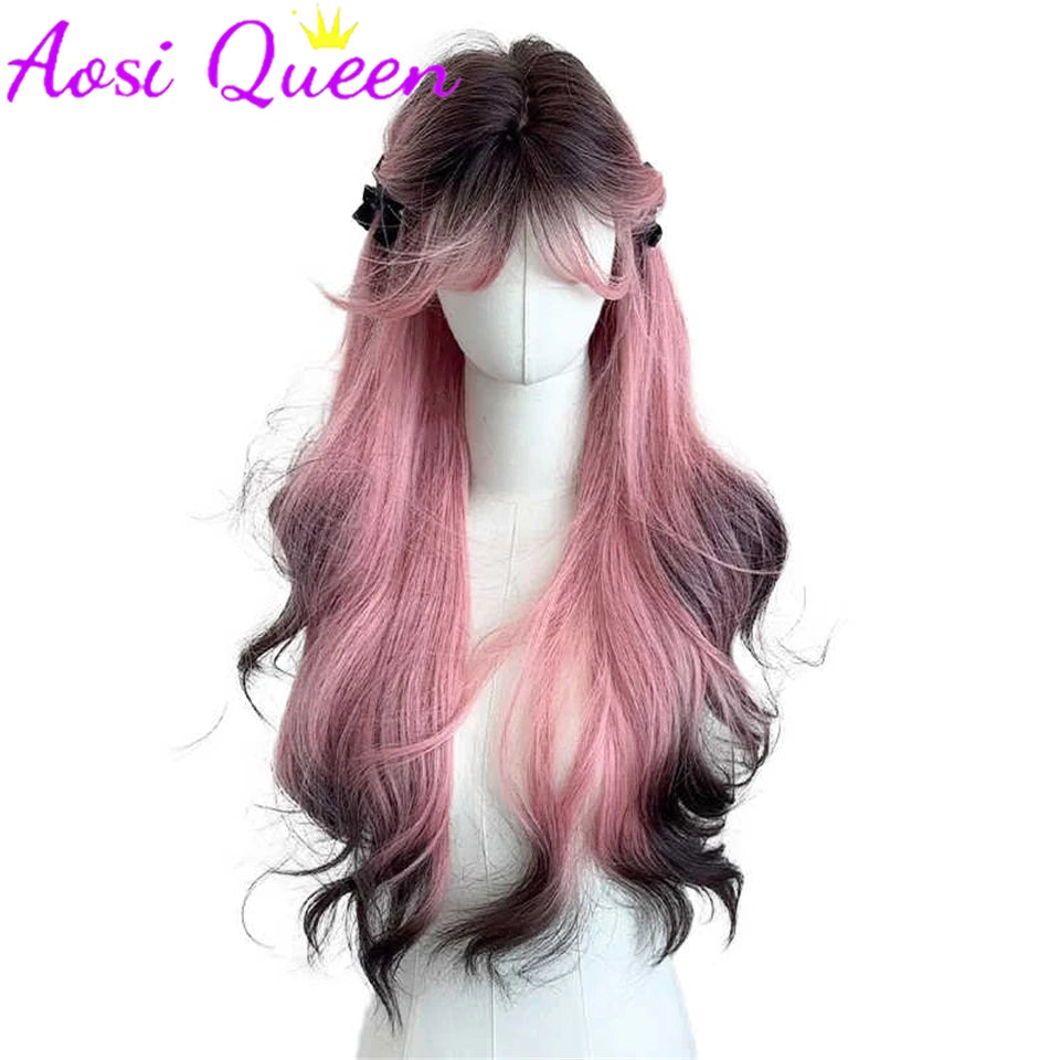 AosiQueen Black Pink Ombre Synthetic Wigs For Cosplay Long Wavy Layered Wigs With Bangs For Women Heat Resistant Fake Hair