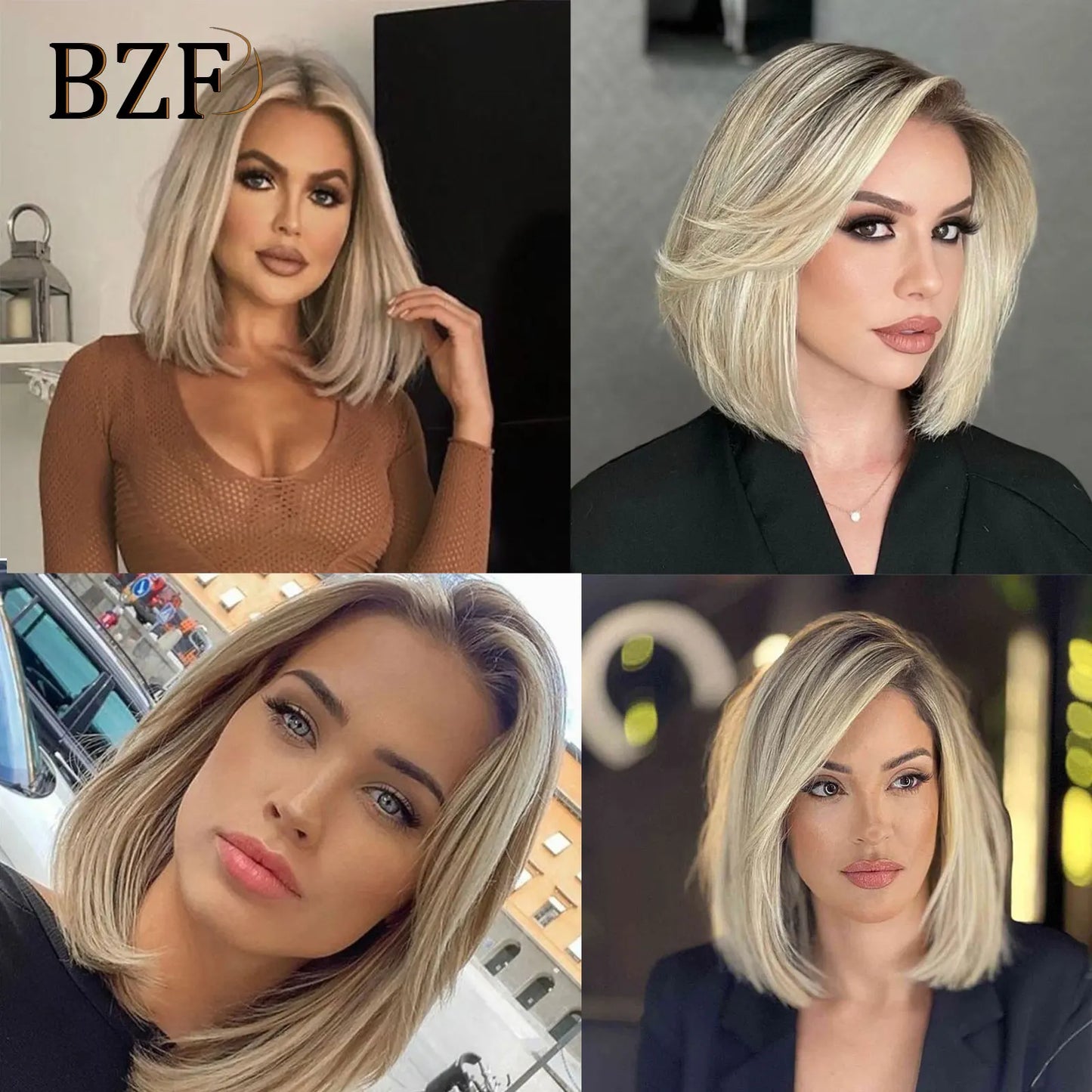 Brown Blonde Highlight Synthetic Lace Front Short Bob Wigs 13x3 Colored Straight Glueless Wig Dark Roots Blonde Wig For Women