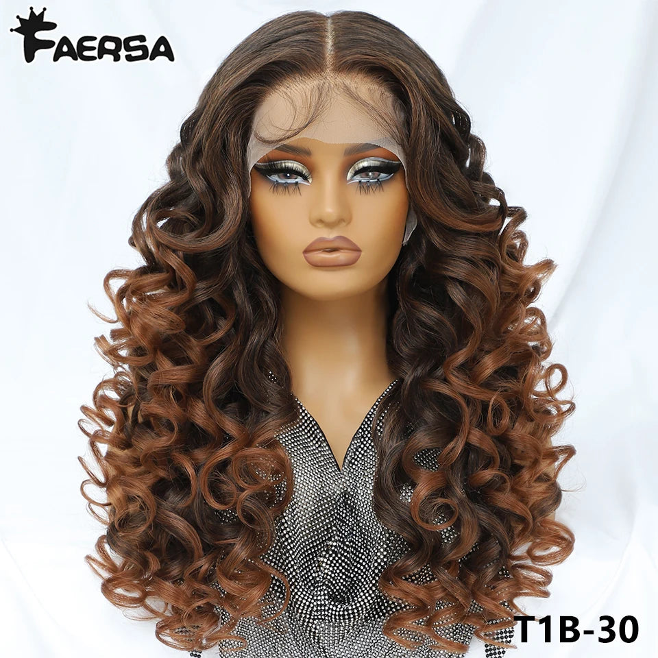 Latisha 13X6 HD Synthetic Lace Front Wigs Curly Pre Plucked Lace Frontal Wig with Bangs for Women Highlight with Babyhair 24Inch