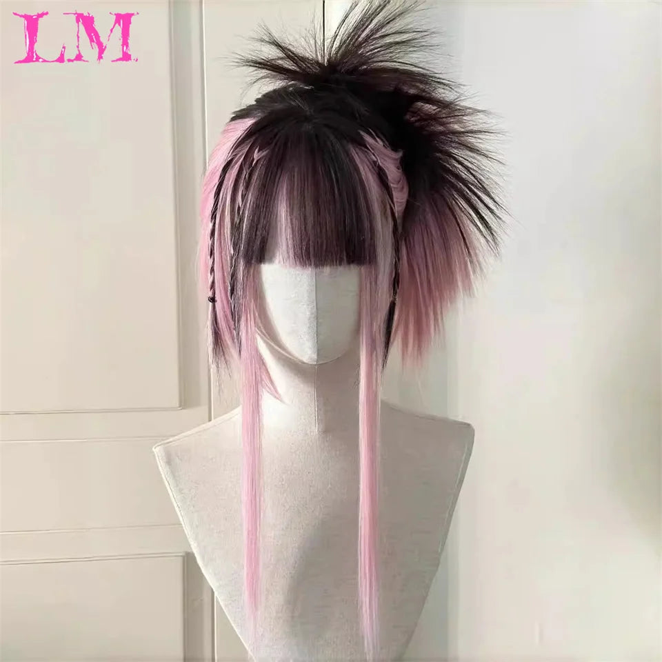 Pink Short Bob Straight Synthetic Wig with Bangs for Cosplay Lolita Fake Hair for White Women Party Natural Wig High Temperature