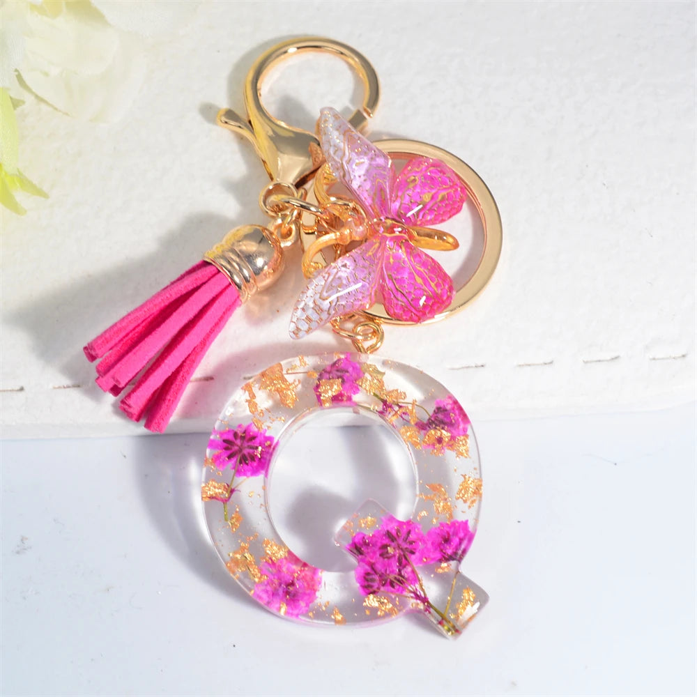 Exquisite Pink Dry Flower Resin 26 Initial Keychain Butterfly Tassel Pendant A to Z Keyring for Women Valentine's Day Gift