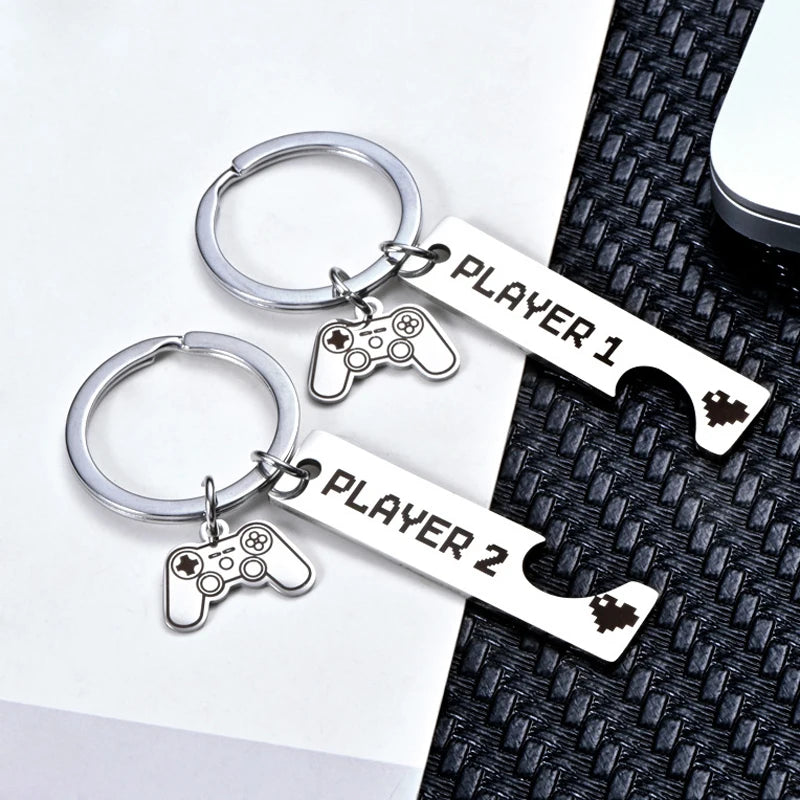 Cute Gamer Couple Key Chain for Him and Her, Valentine's Day Gifts for Boyfriend Girlfriend, Player 1 Player 2 Matching Keychain