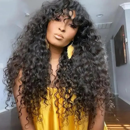 Kinky Curly Wigs With Bangs Full Machine Made Wigs Virgin Hair Peruvian Long Curly Human Hair Wigs Natural Black Non Lace