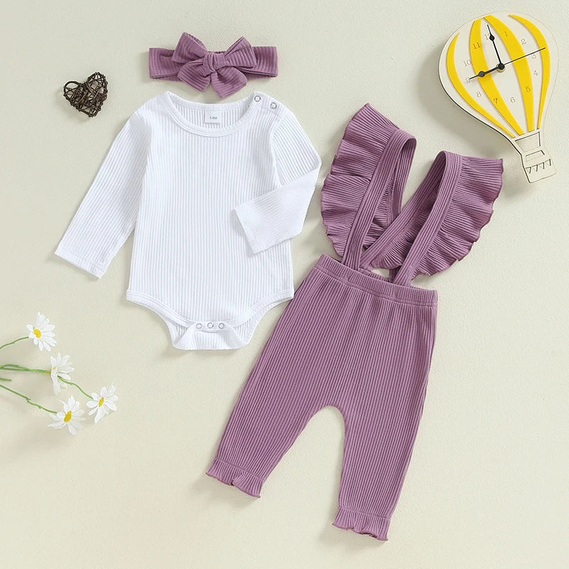 2024-05-31 Lioraitiin Baby Girl Ribbed Outfit, Long Sleeve Romper Ruffle Trim Overalls Bow Headband 3 Piece Set for Fall