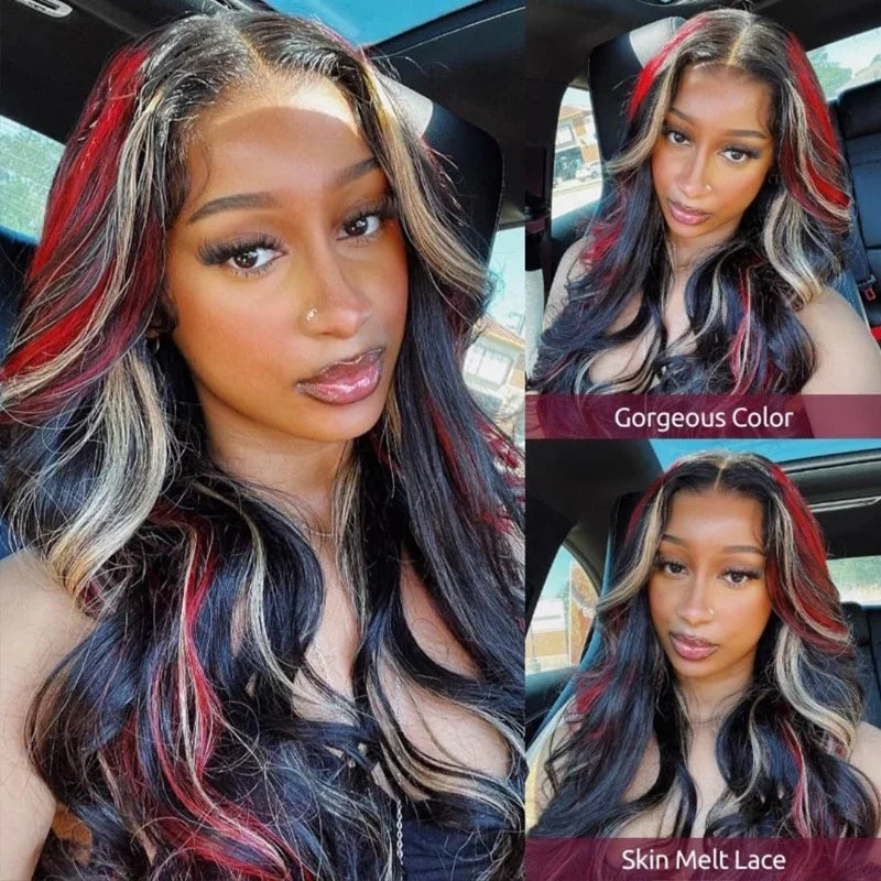 Black Red Blonde Burgundy Highlight Body Wave Synthetic Lace Wigs For Women 13X4 HD Lace Front Wigs Pre Plucked with Baby Hair