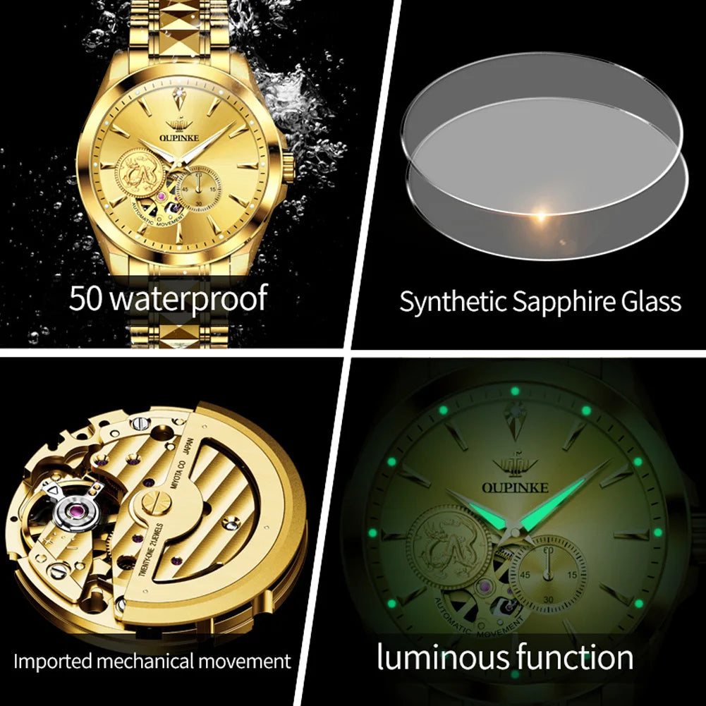 OUPINKE Luxury Top Brand Real Gold Dragon Watch Real Diamond Men's Chronograph Wristwatch Automatic Mechanical Luminous