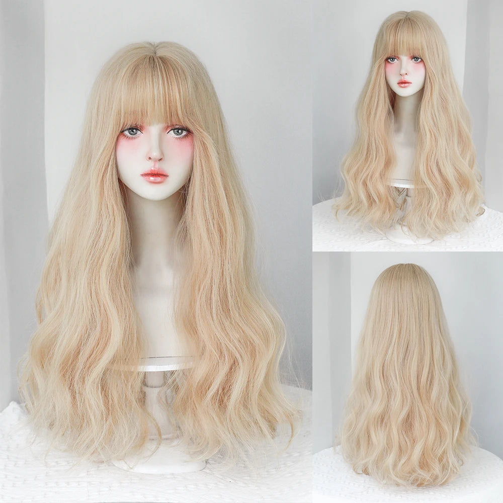 Dense Long Wave Wig Women Wig with Bangs Blonde Cospaly Lolita Daily Party Synthetic Wigs Heat Resistant Fiber Natural Fake Hair