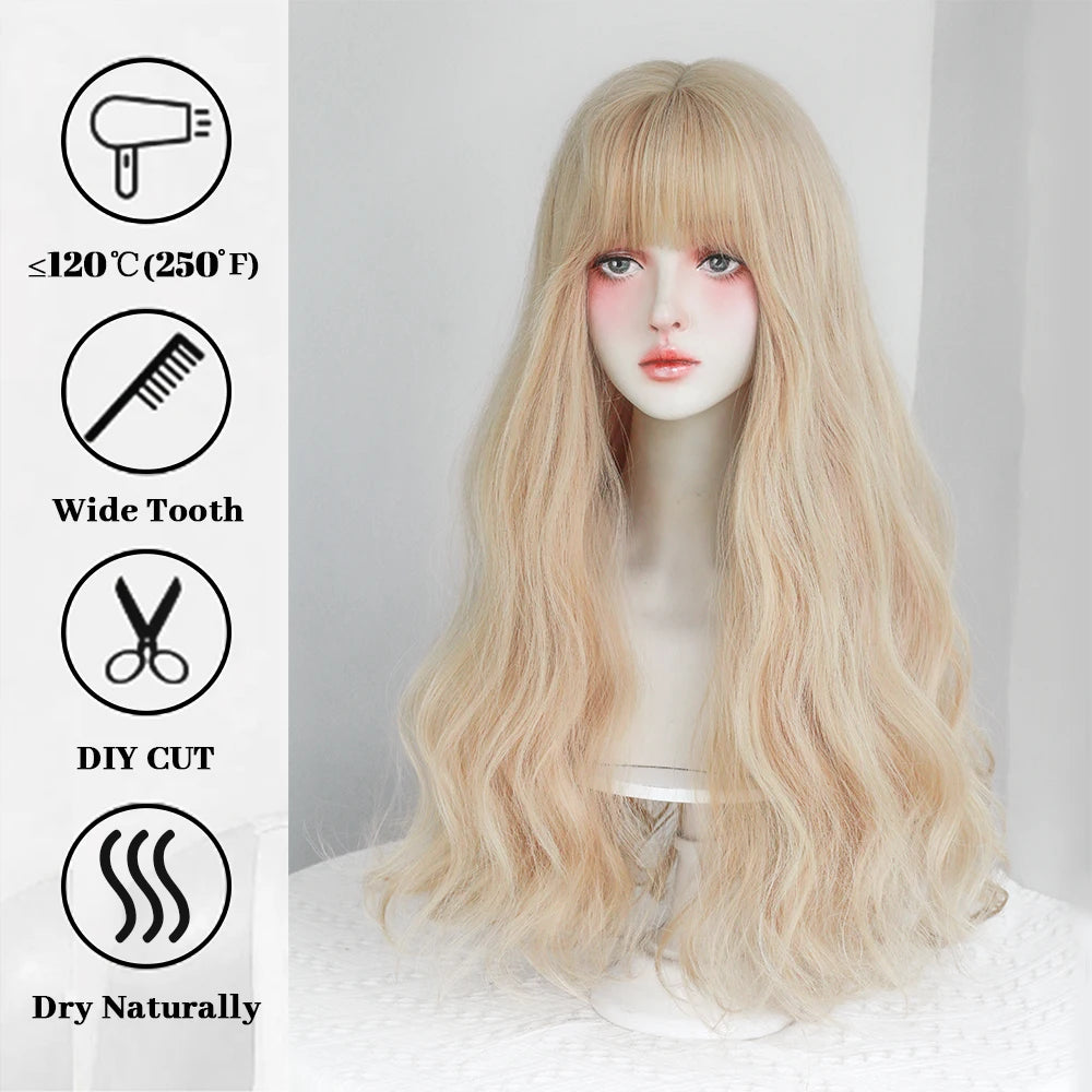 Dense Long Wave Wig Women Wig with Bangs Blonde Cospaly Lolita Daily Party Synthetic Wigs Heat Resistant Fiber Natural Fake Hair