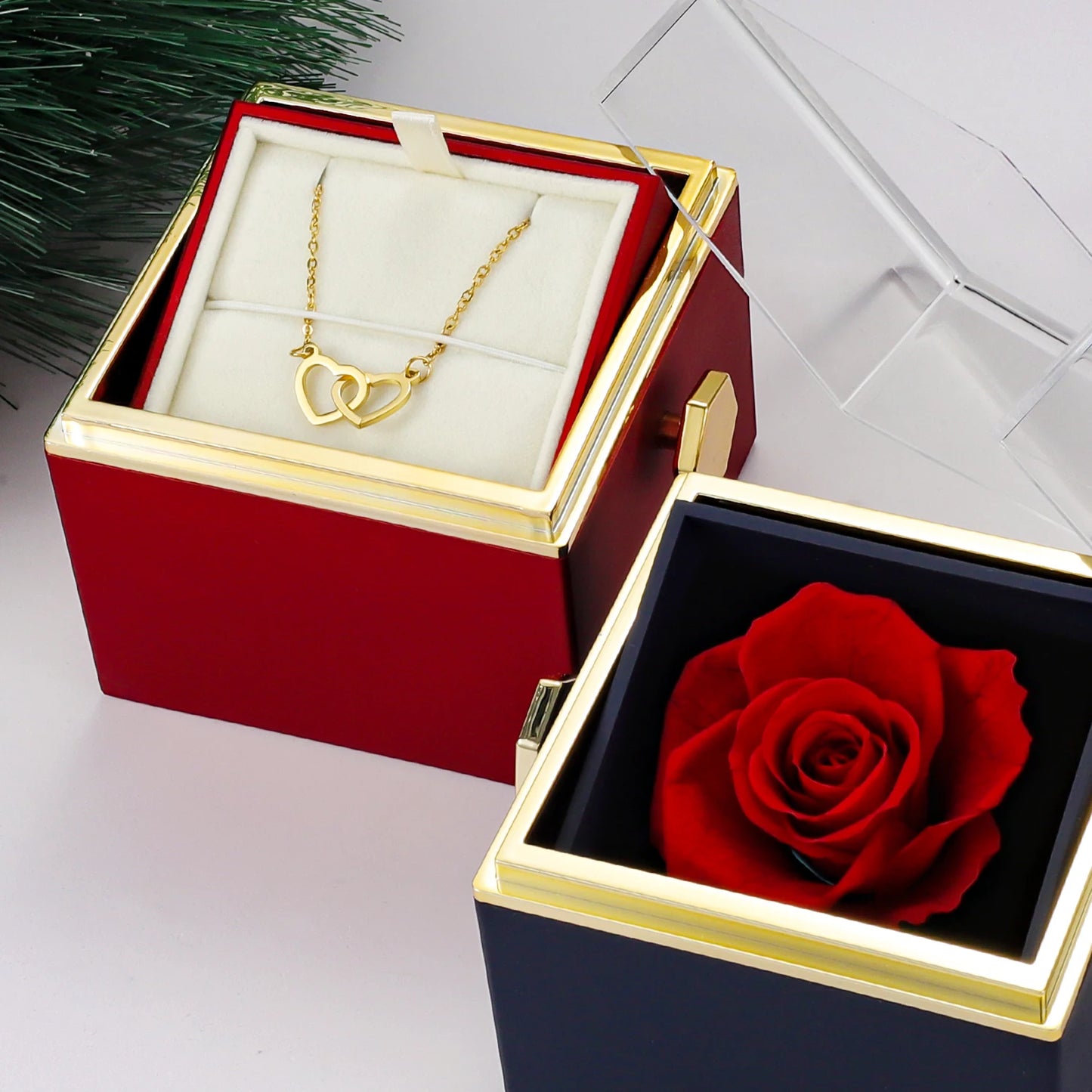 Custom Valentine Eternal Rose Jewelry Ring Box Rotate Wedding Pendant Necklace Storage Case For Women Girlfriend ChristmasGift