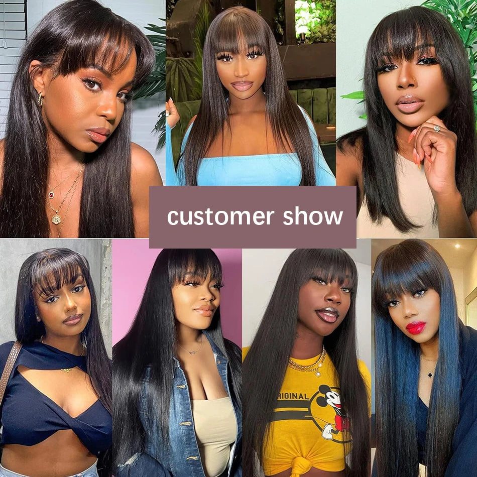 Wiggogo 3X1 Middle Part Lace Wig 100% Straight Human Hair Wig With Bangs Full Machine Made Straight Human Hair Wigs For Women