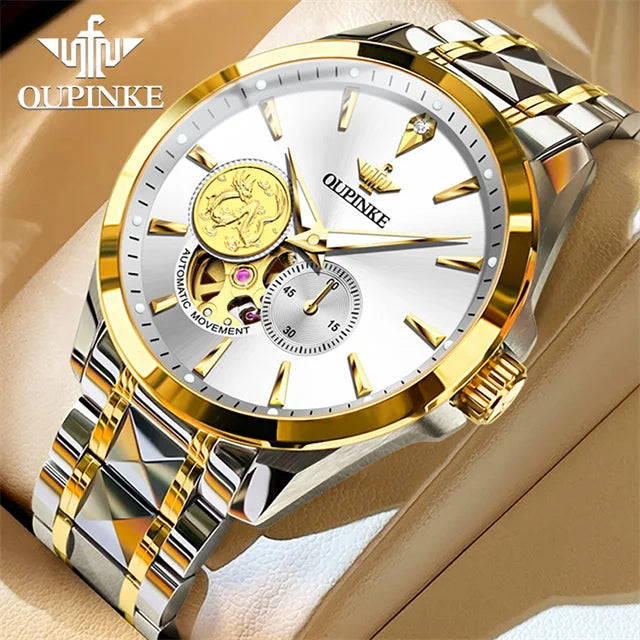 OUPINKE Luxury Top Brand Real Gold Dragon Watch Real Diamond Men's Chronograph Wristwatch Automatic Mechanical Luminous