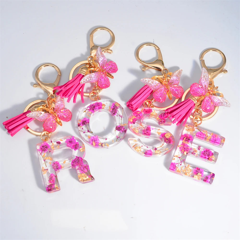 Exquisite Pink Dry Flower Resin 26 Initial Keychain Butterfly Tassel Pendant A to Z Keyring for Women Valentine's Day Gift