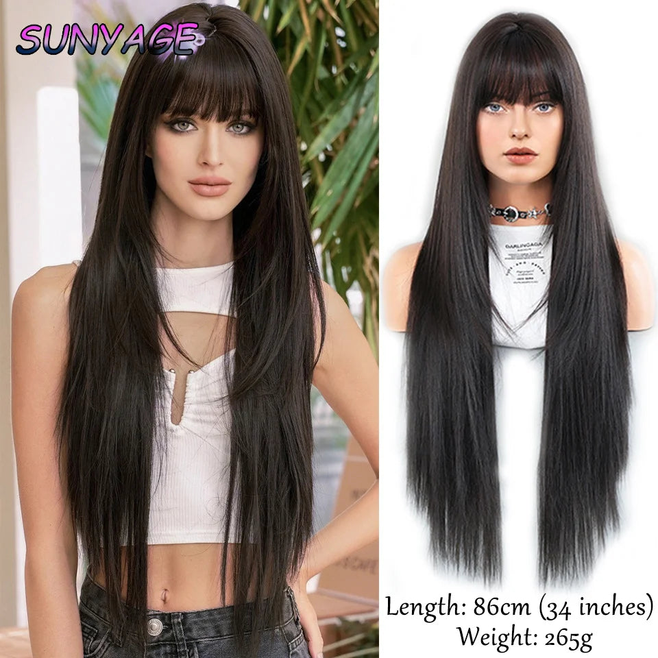 SUNYAGE Lolita Black Wig for Women Long Wavy Hair 75cm Curly Wig with Bangs Cosplay Headband Wigs Synthetic Wigs for Daily Use