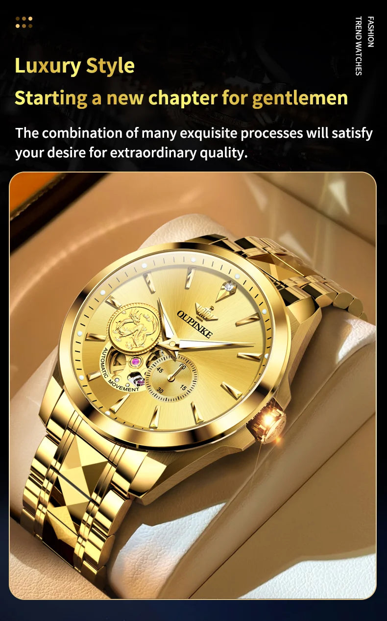 OUPINKE Luxury Top Brand Real Gold Dragon Watch Real Diamond Men's Chronograph Wristwatch Automatic Mechanical Luminous