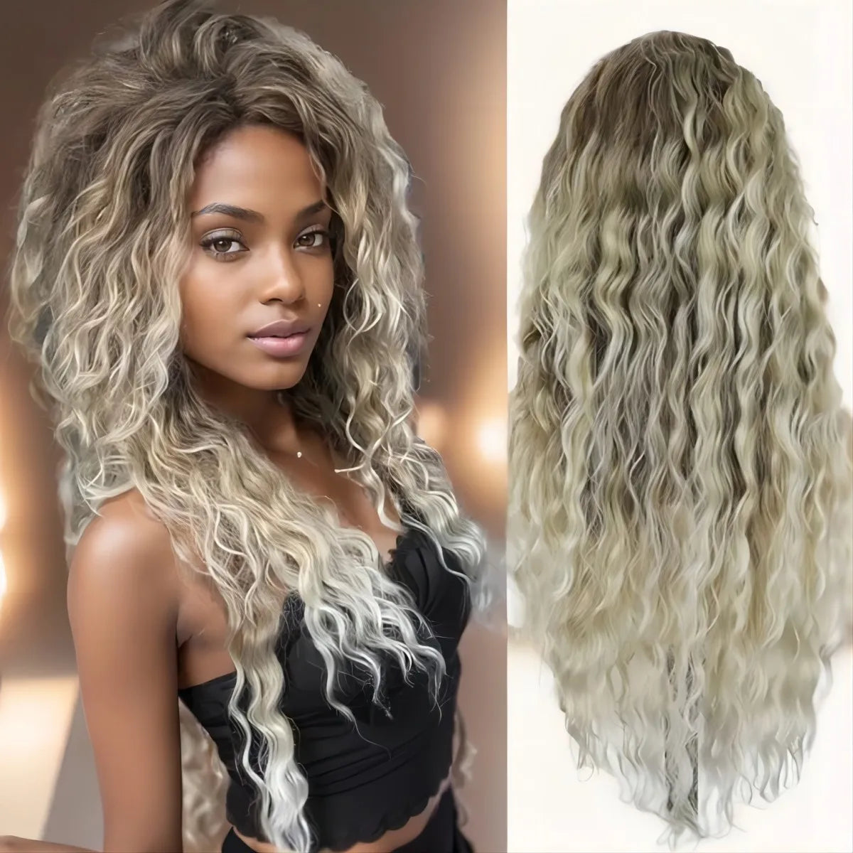 Ash Blonde Curly Wig Synthetic Long Curly Hair Wigs for Women Fluffy Hairstyle Wave Ombre Wig Costume Carnival Party Regular Wig