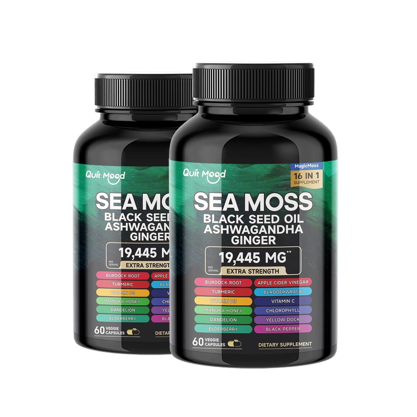 2Pcs Sea Moss 3000mg Black Seed Oil 2000mg Ashwagandha1000mg Turmeric 1000mg Bladderwrack 1000mg Burdock 1000mg & Vitamin C & D3