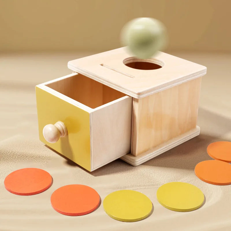 Montessori Infant Wooden Toys Color Spinning Coin Box Macaron Wooden Toys Permanent Box Round Rectangular Box Baby Toys