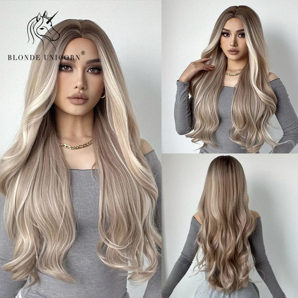 Blonde Unicorn Synthet Wig Long Wavy Mixed Brown Blonde for White Black Women Daily Party High Density Temperature Fibre Hair