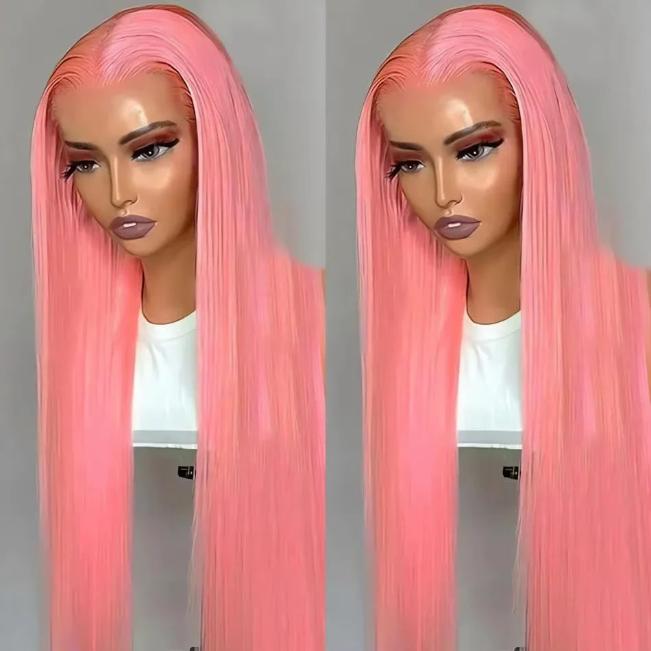 Colored Wigs Human Hair Full End 100% Pink Straight Transparent PrePlucked Brazilian HD Lace Frontal Wig 30 40 Inch For Women