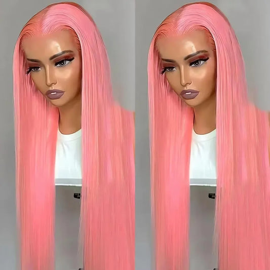 Colored Wigs Human Hair Full End 100% Pink Straight Transparent PrePlucked Brazilian HD Lace Frontal Wig 30 40 Inch For Women