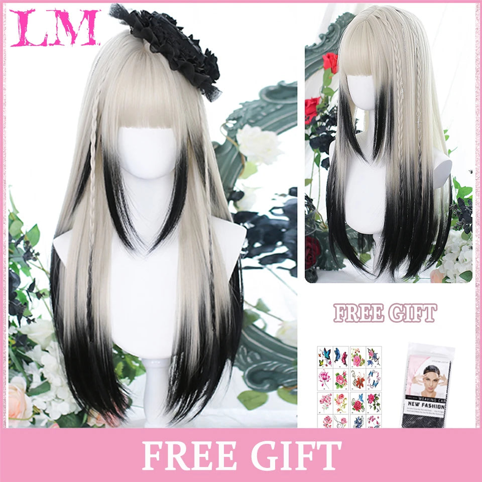 LM Cosplay Wig With Bangs Synthetic Straight Hair 24 Inch Long Heat-Resistant Pink Wig For Women