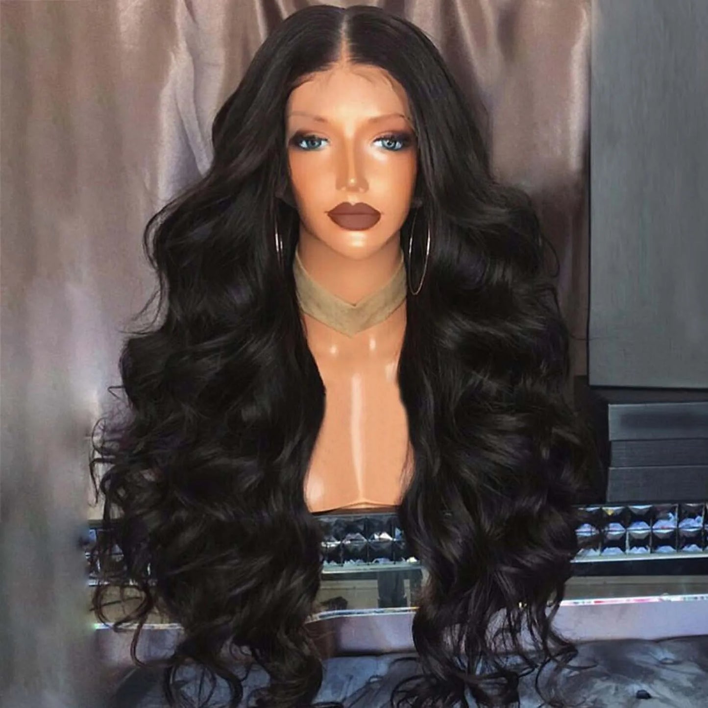 Lace Black Wavy Wig 26 Inch Front Synthetic Fiber High Temperature Silk Wig Middle Part Curls Naturally For Women Everyday