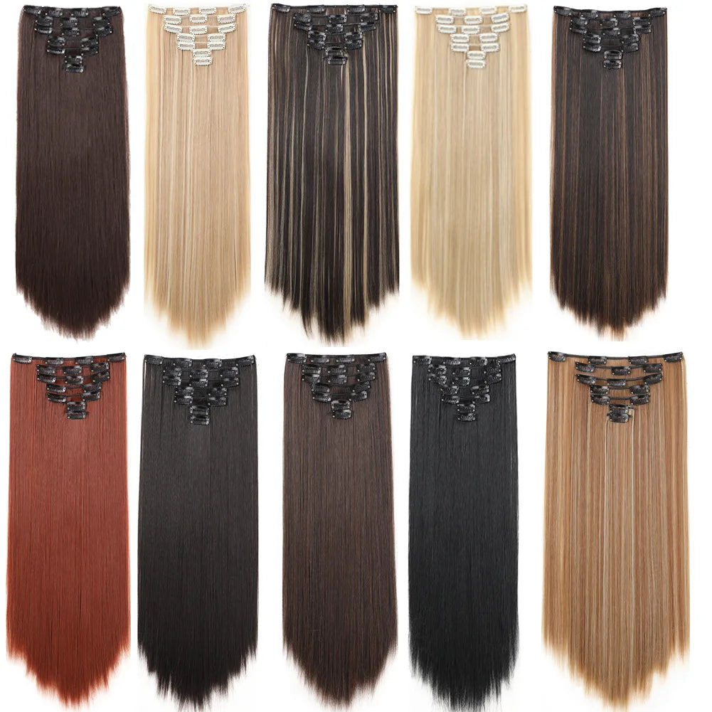 22Inch Long Straight Clip in Hair Extension  Hairstyle 16 Clips 7Pcs/Set   Synthetic  Black Brown Hairpieces  For Wom