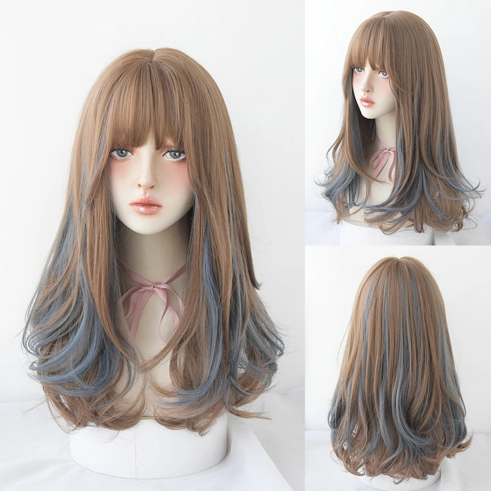 Dense Long Wave Wig Women Wig with Bangs Blonde Cospaly Lolita Daily Party Synthetic Wigs Heat Resistant Fiber Natural Fake Hair