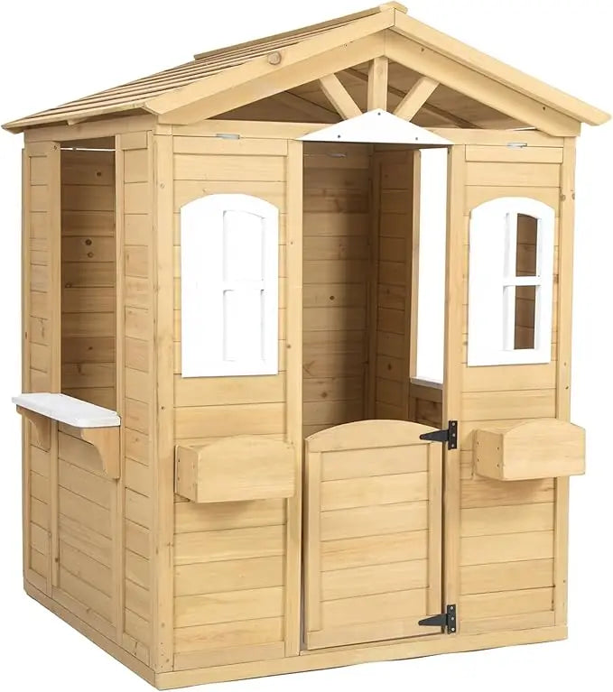 Outdoor Kids Wooden Playhouse Storage Toy Box with Operable Doors Windows Planter Rack Serving Station 39" x 38" x 55.5"