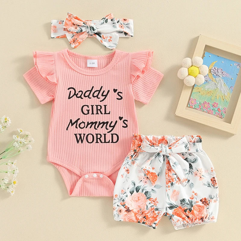 Newborn Baby Girls Outfit Daddy s Girl Mommy s World Print Short Sleeve Romper Jumpsuit Bodysuit Tops Floral Shorts