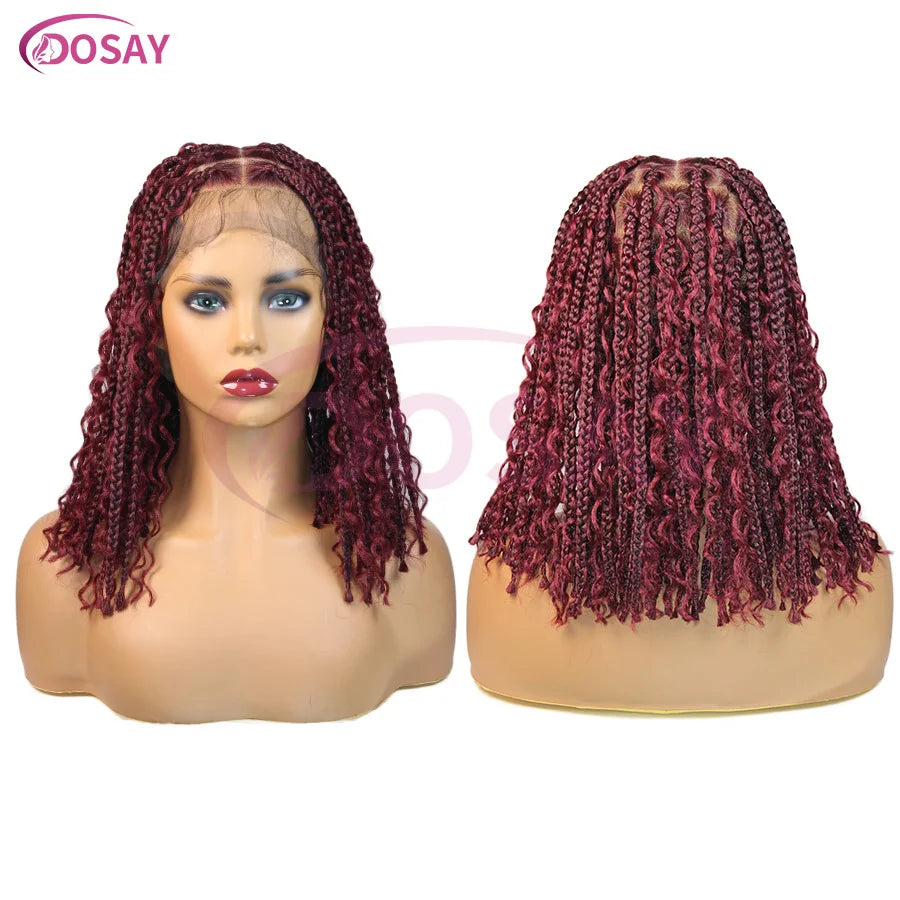 Short 12 Inch Bohemian Curly Braided Full Lace Front Wigs Knotless Box Braid Bob Wig Women Synthetic Locs Goddess Cornrow Braids