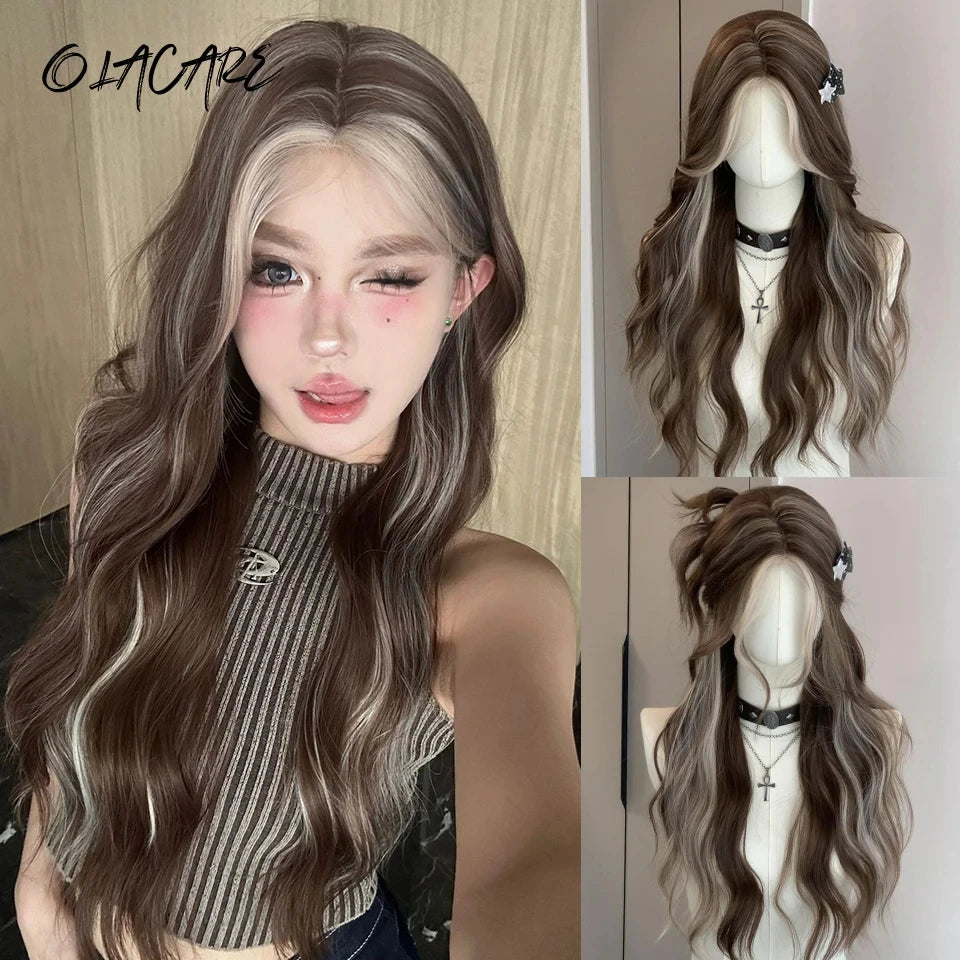 LM Long Body Wave Black And Gray Ombre Cosplay Wigs Heat Resistant Synthetic Wigs Bangs Natural Lolita Wigs For Women Halloween