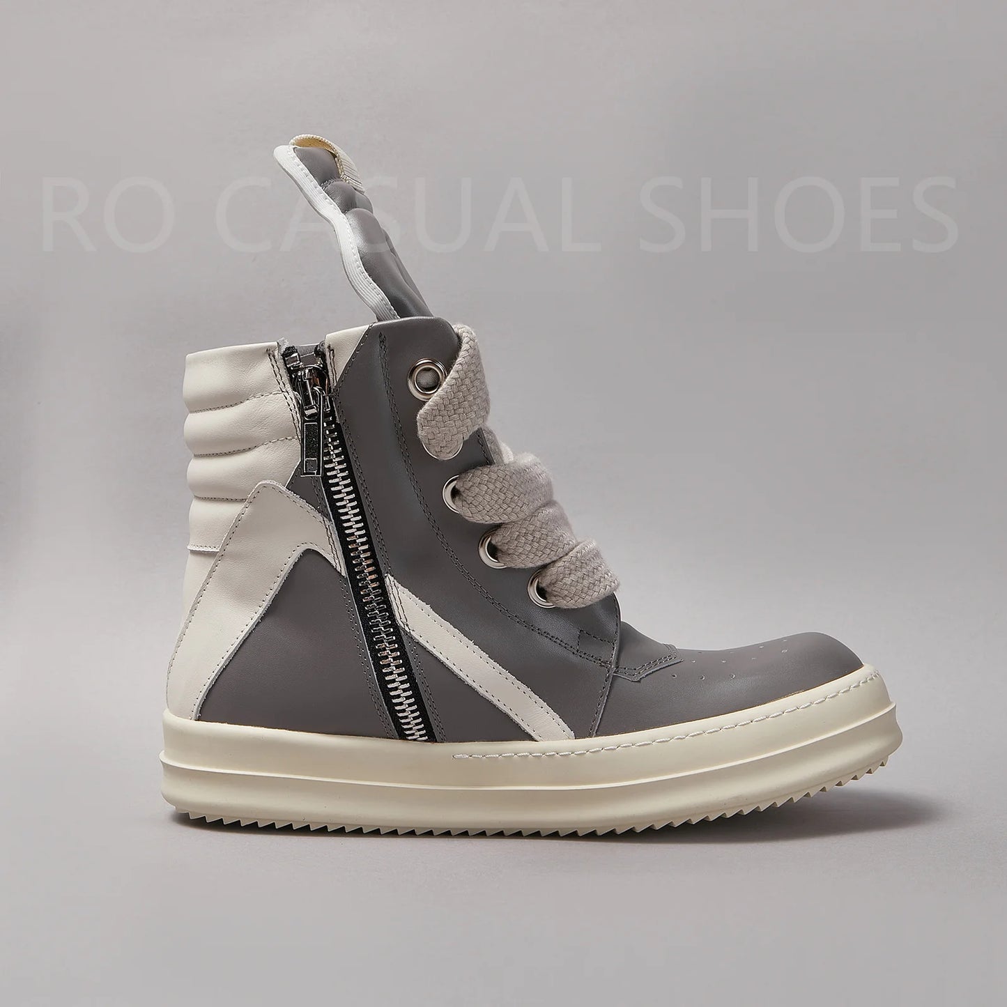 Ricks Genious Grey Leather Jumbo Lace High Top Geobasket Owens Quality Men Shoe Women Sneaker Casual Owens Design boots & Shoes