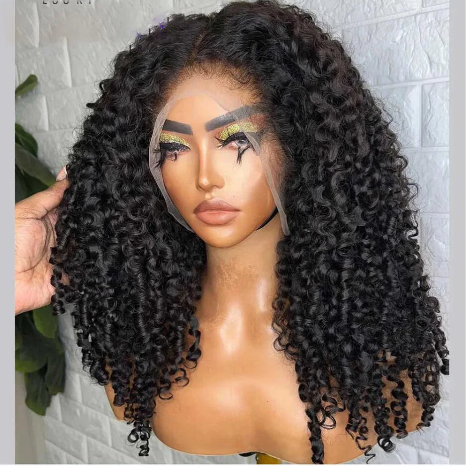 180DensitySoft 26Inch Long Glueless Natural Black Kinky Curly Lace Front Wig For Women With Baby Hair Synthetic Preplucked Daily