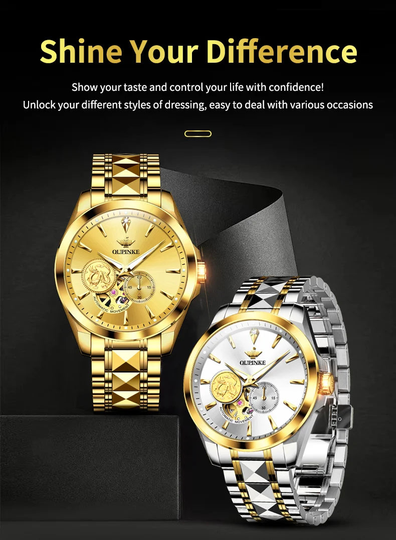 OUPINKE Luxury Top Brand Real Gold Dragon Watch Real Diamond Men's Chronograph Wristwatch Automatic Mechanical Luminous