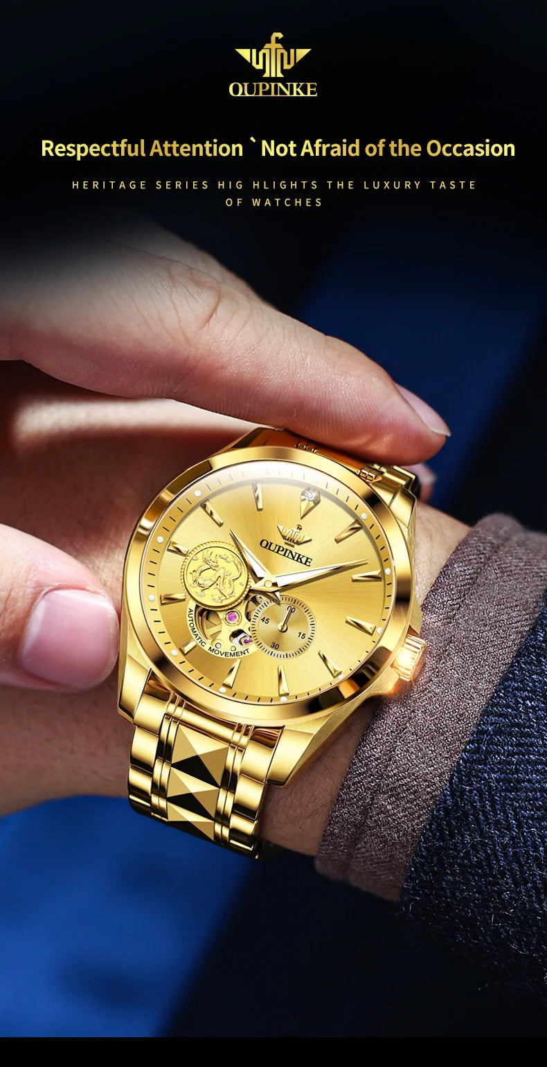 OUPINKE Luxury Top Brand Real Gold Dragon Watch Real Diamond Men's Chronograph Wristwatch Automatic Mechanical Luminous