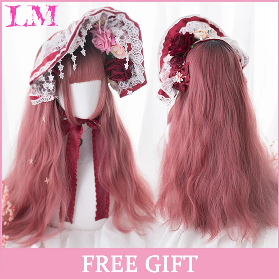 LM Cosplay Wig With Bangs Synthetic Straight Hair 24 Inch Long Heat-Resistant Pink Wig For Women