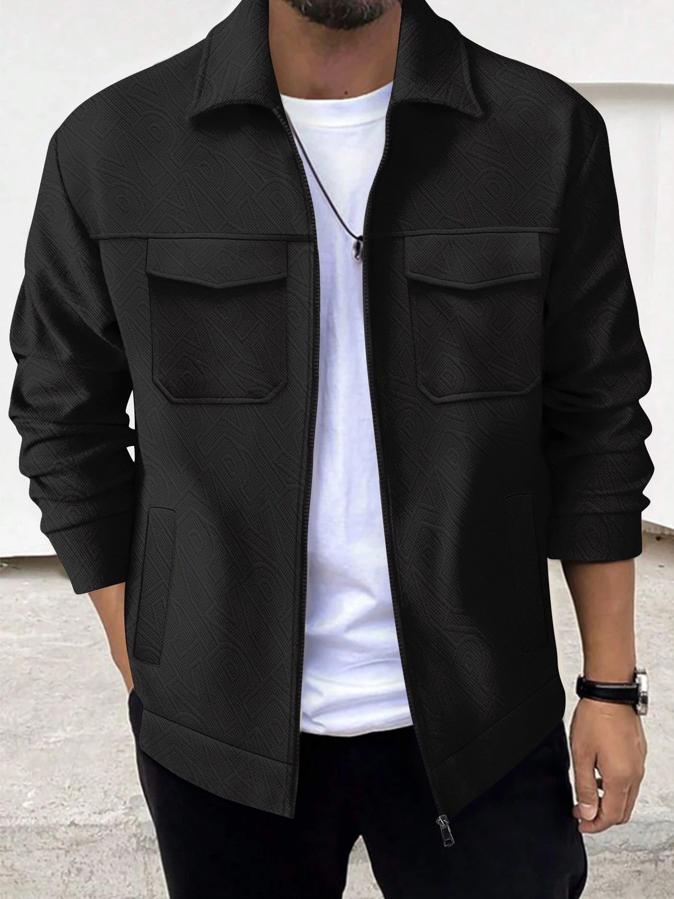 Autumn and winter new men's business casual jacket trend fashion solid color lapel pocket zipper thick long-sleeved top