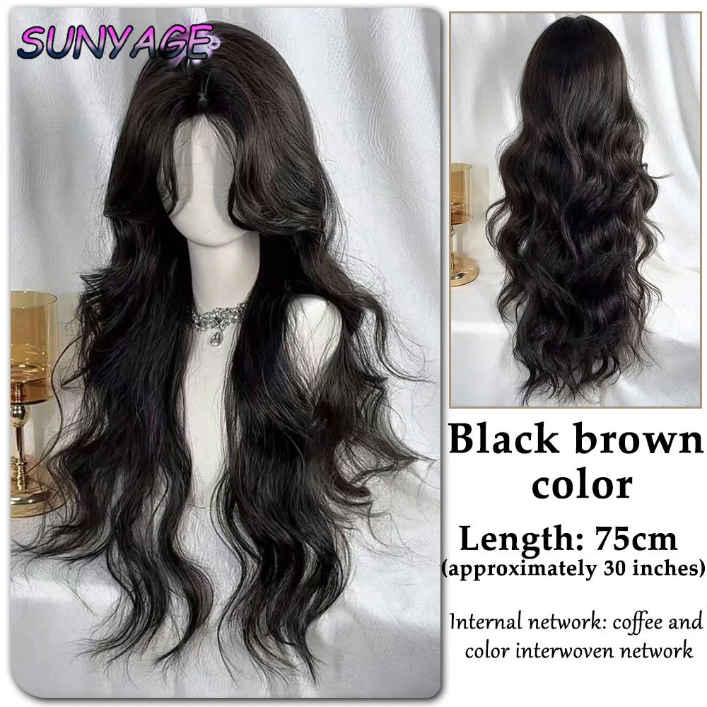 SUNYAGE Lolita Black Wig for Women Long Wavy Hair 75cm Curly Wig with Bangs Cosplay Headband Wigs Synthetic Wigs for Daily Use