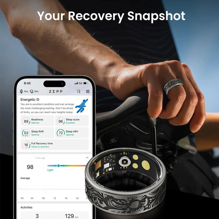 Smart Ring - Fitness Tracker with Sleep Monitor, Pedometer & 20+ Exercise Modes, IP68 Waterproof, USB Rechargeable, Stainless S