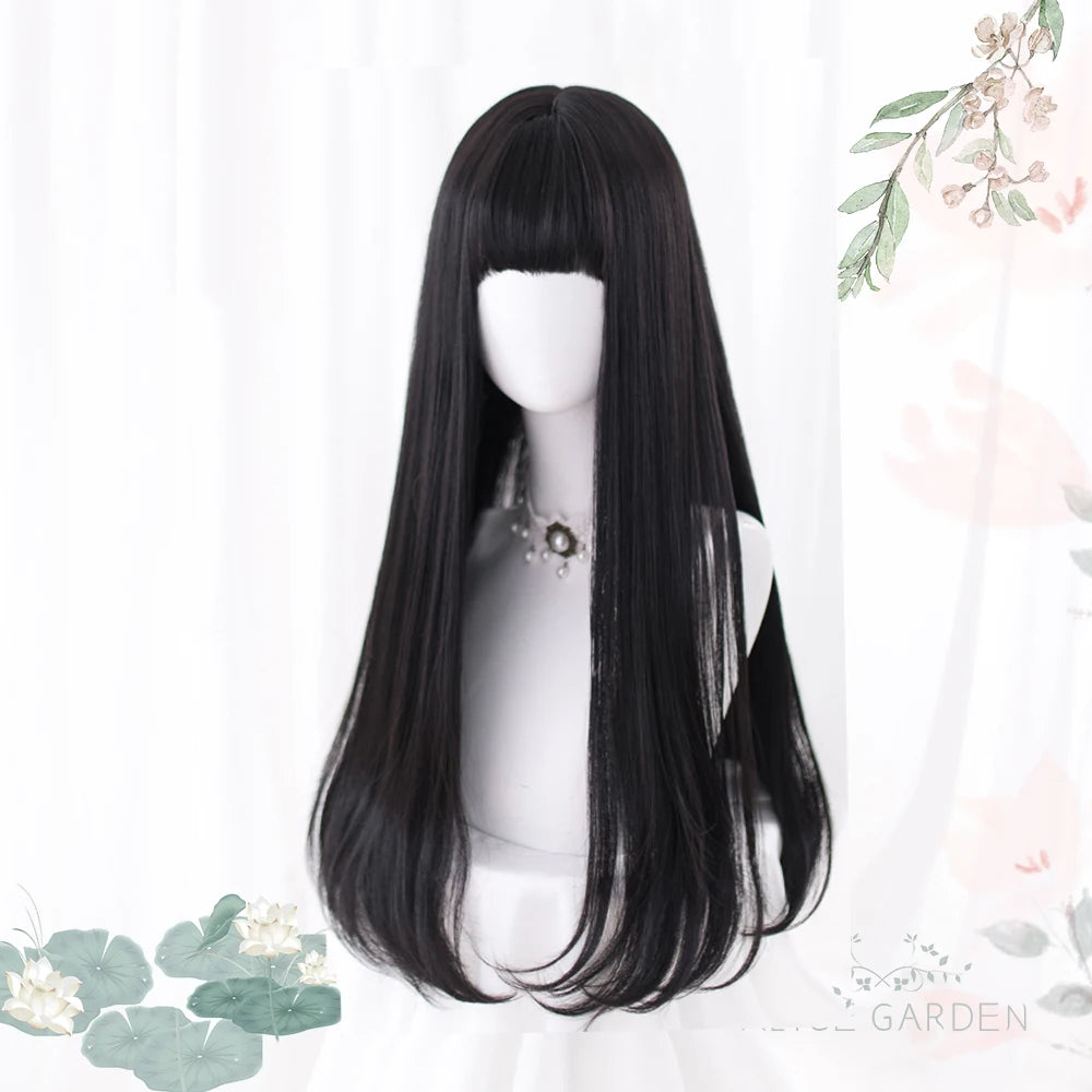 AS Long Straight Black Synthetic Wig For Woman With Bangs black Cosplay Lolita Wigs Heat Resistant Natural Hair