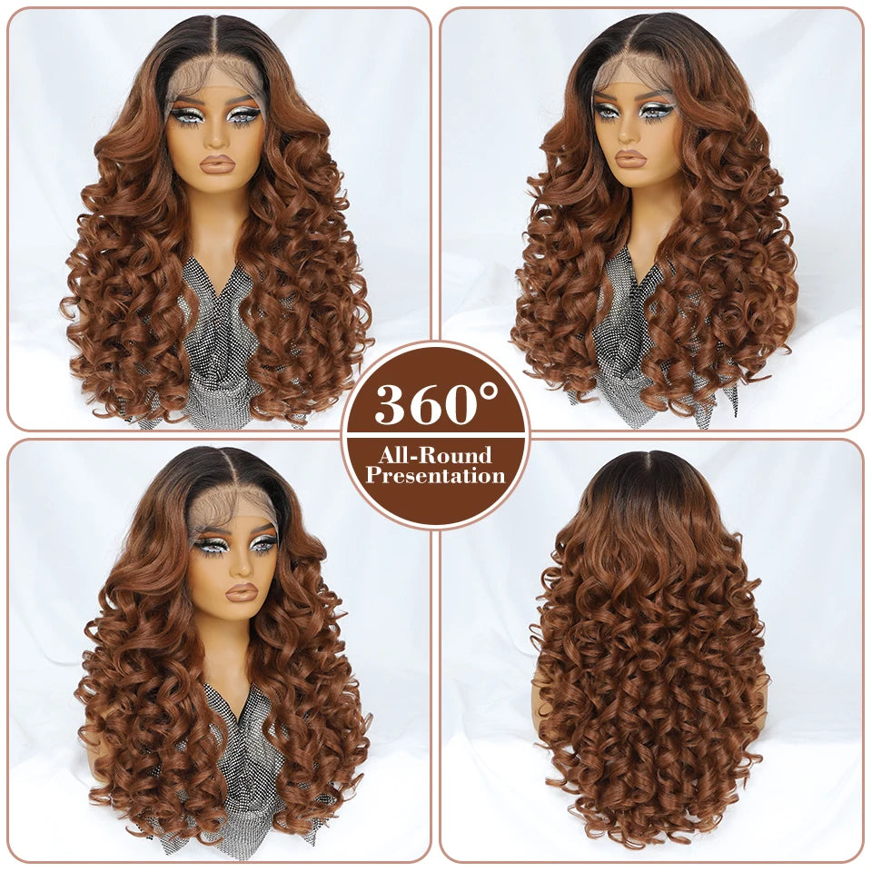 Latisha 13X6 HD Synthetic Lace Front Wigs Curly Pre Plucked Lace Frontal Wig with Bangs for Women Highlight with Babyhair 24Inch