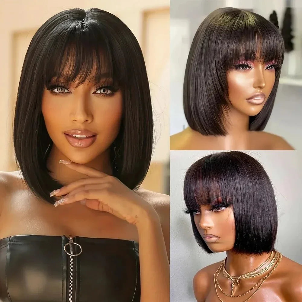 BAHW Peruvian Straight Full Machine Made Perruque with Bang Natural Color Human Hair Wig For Women Pre-Plucked Virgin Hair Wig