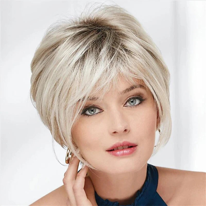 HAIRJOY Synthetic Hair Wig Blonde Short  Straight Wig With Bangs for White Women