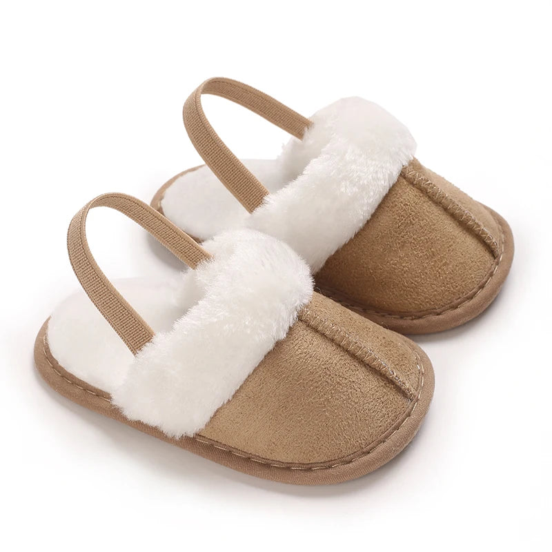 Toddlers Baby Boys Girls Fluffy Slides Soft Slippers Anti-slip Pre-walker Newborn Plush Warm Floor Shoes Elastic Back Strap